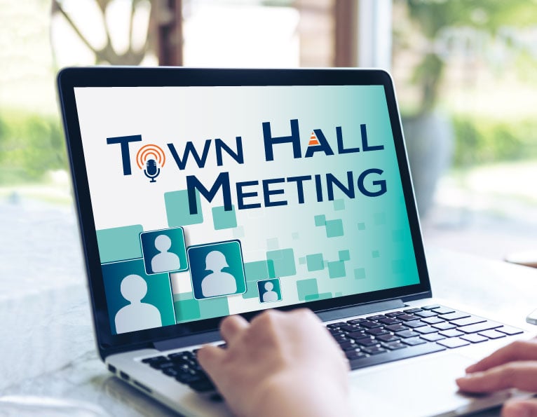 Town Hall Meeting graphic on laptop screen