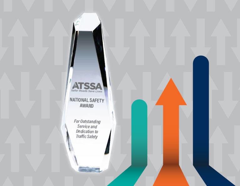Crystal award with teal, orange, navy lines and arrow pointing up, on a two-tone gray with up and down arrows background