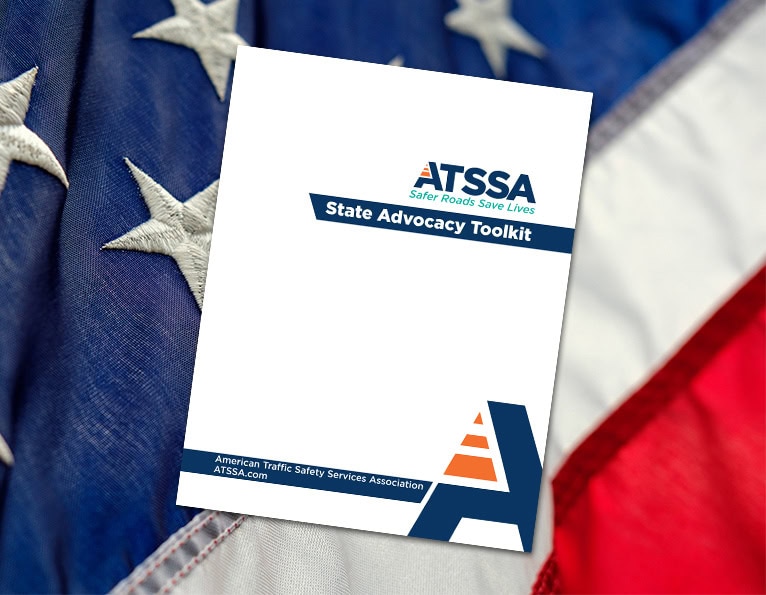 Cover of ATSSA's State Advocacy Toolkit with a closeup of the American flag in the background