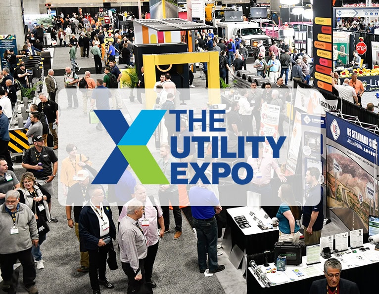 The Utility Expo logo on a show floor background