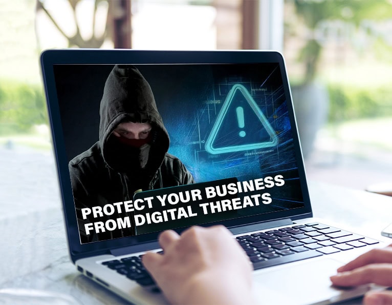 Cybersecurity digital and banking scams graphic on laptop screen