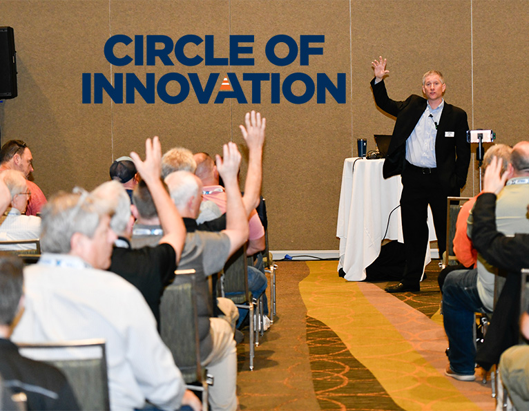 Circle of Innovation 2025 session featuring ATSSA moderator Eric Perry and attendees raising their hands