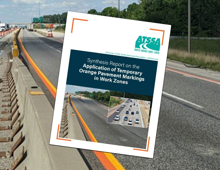 Synthesis Report on Orange Pavement Markings in Work Zones cover with a work zone image in the background